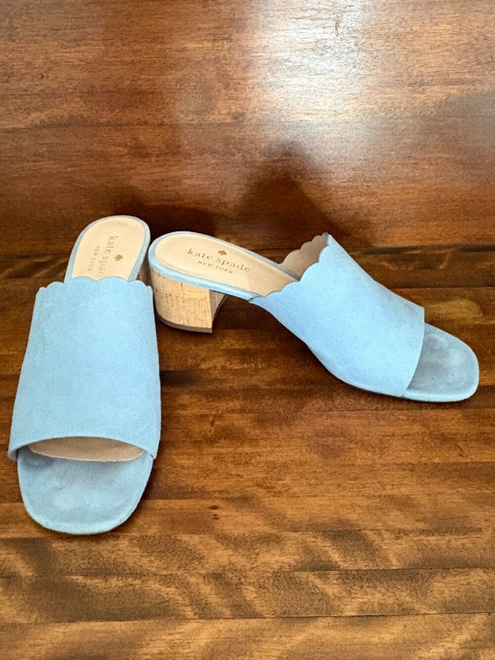 Kate Spade Blythe Blue Suede Scallop Cork Block Heel Mule Sandals Coastal Chic 8